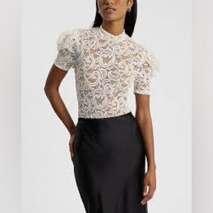 NWT Express ivory lace bodysuit puff sleeve mock neck Size S